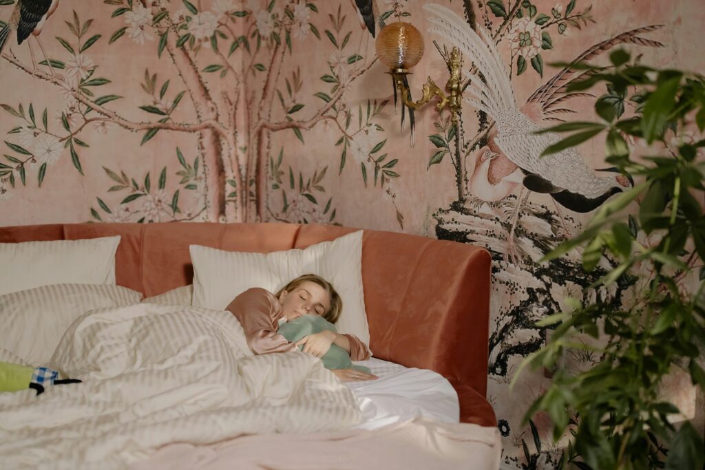 girl sleeping on silk pillow